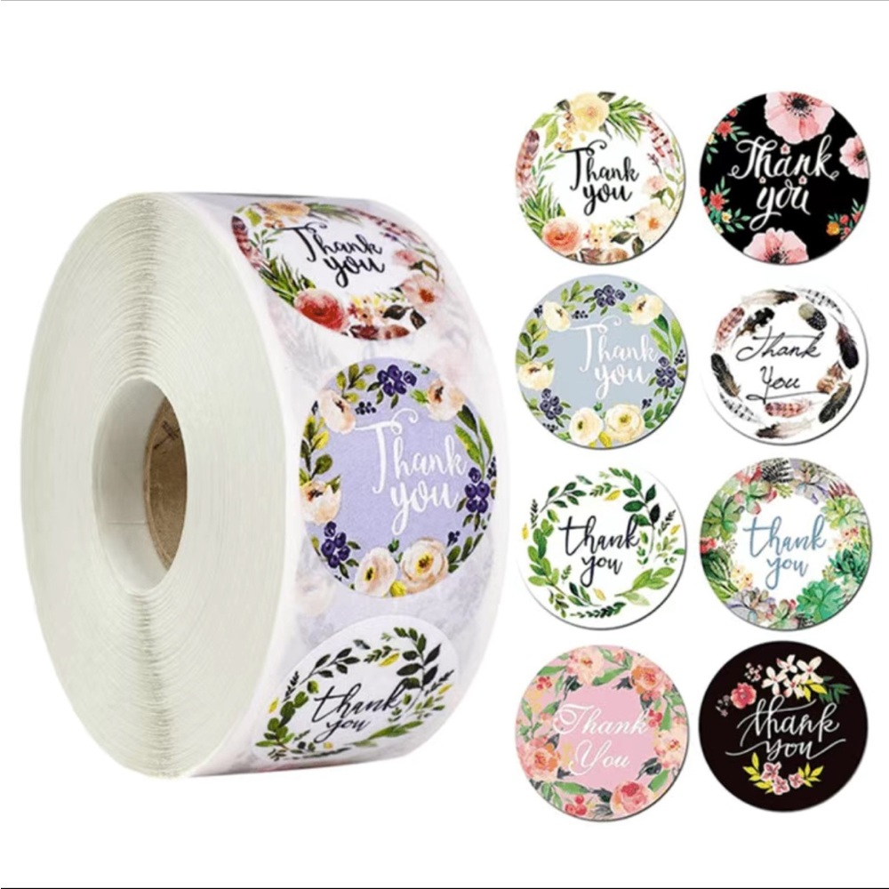 500 Pieces/roll Flower Thank-you Stickers Round Self-adhesive Stickers
